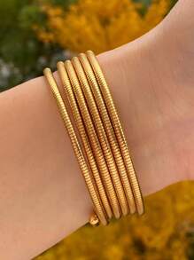 1 Stück Edelstahl Frühling Mehrschicht-Armband, elastischer runder Ringarmreif, einfache und modische Accessoires, geeignet für Frauen zum Tragen im Alltag, im Urlaub und auf Partys. - Gold - Übersicht 8