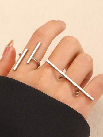 2pcs Fashionable Minimalist Geometric Line Decor Adjustable Open Ring, Suitable For Men And Women Daily Wear Jewelry Accessories
