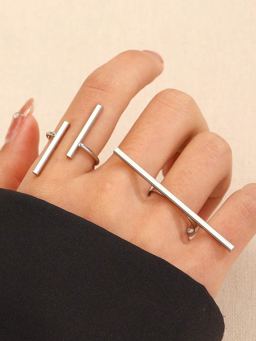 2pcs Fashionable Minimalist Geometric Line Decor Adjustable Open Ring, Suitable For Men And Women Daily Wear Jewelry Accessories - Silver - View 1