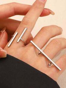 2pcs Fashionable Minimalist Geometric Line Decor Adjustable Open Ring, Suitable For Men And Women Daily Wear Jewelry Accessories - Silver - View 3