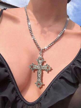 Exaggerated Vintage Silver Alloy Ivy Flower Big Cross Pendant Necklace Gothic Hip-Hop Design Chunky Chain Men Women Personalized Versatile Necklace Valentines,Mom,Mother,Mother's Day,Gift