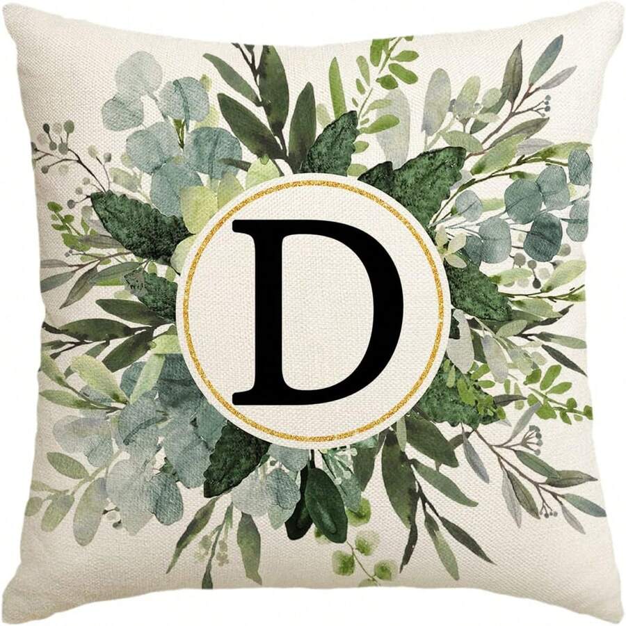1pc English Letter A-Z & Leaf Print Pillowcase, Modern Square Cushion Cover For Spring/Summer Home Decor, Not Included Pillow Core - D - View 1