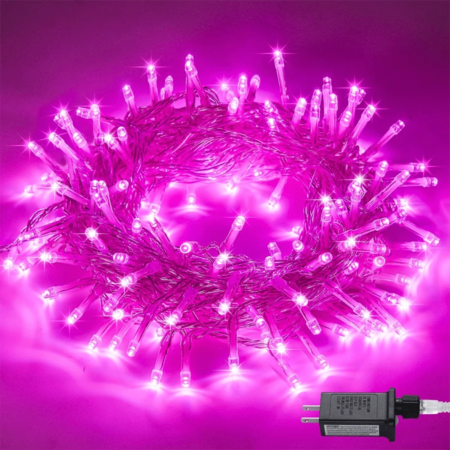JMEXSUSS Connectable 100 LED Room Lights, 33ft 8 Modes Pink Christmas Lights Clear Wire, Plug In Pink String Lights Indoor Outdoor For Room Decor Christmas Tree Bedroom Valentines Party - Berwarna merah muda - View 1