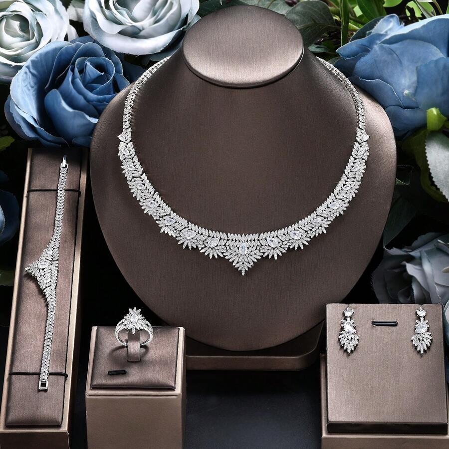 Dubai AAA Khối Zirconia  Bộ trang sức 4cái Đám cưới cô dâu Bộ trang sức Pha lê sang trọng Phụ kiện trang sức - trắng - Xem 1