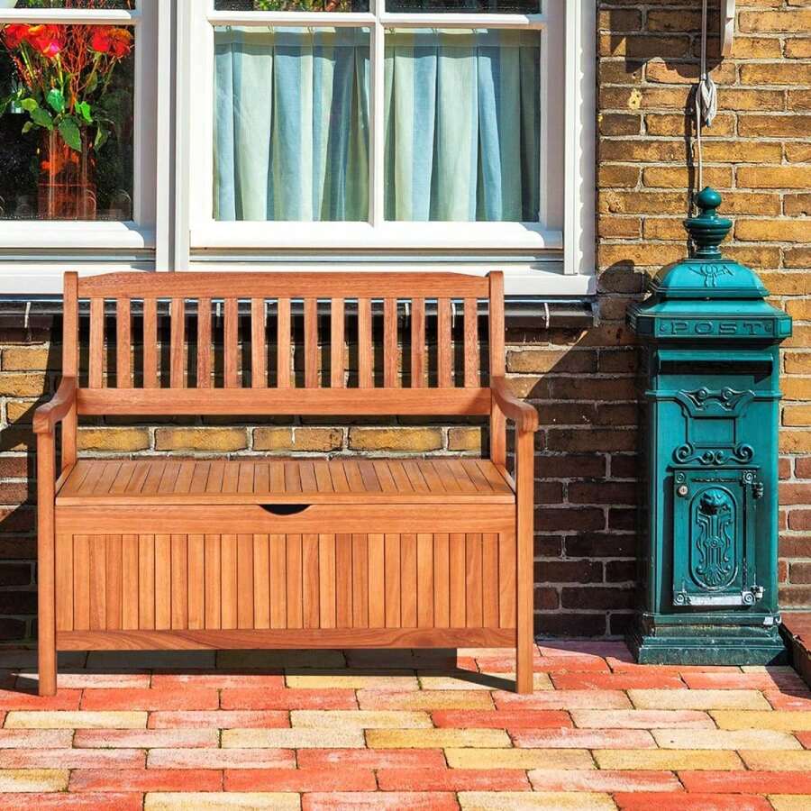 Garden Bench With Storage Space, Solid Wood Bench For 2 People, Chest Bench With Backrest & Armrest, Wooden Bench For Garden Terrace Outdoor, With Storage Box, Loadable Up To 360kg - 棕色 - 查看 1