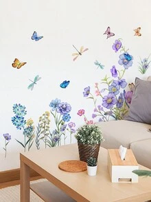 1pc Self-Adhesive Wall Sticker, With Plants, Flowers, Butterflies, Dragonflies, For Living Room, Bedroom Home Decor - Multicolor - View 5