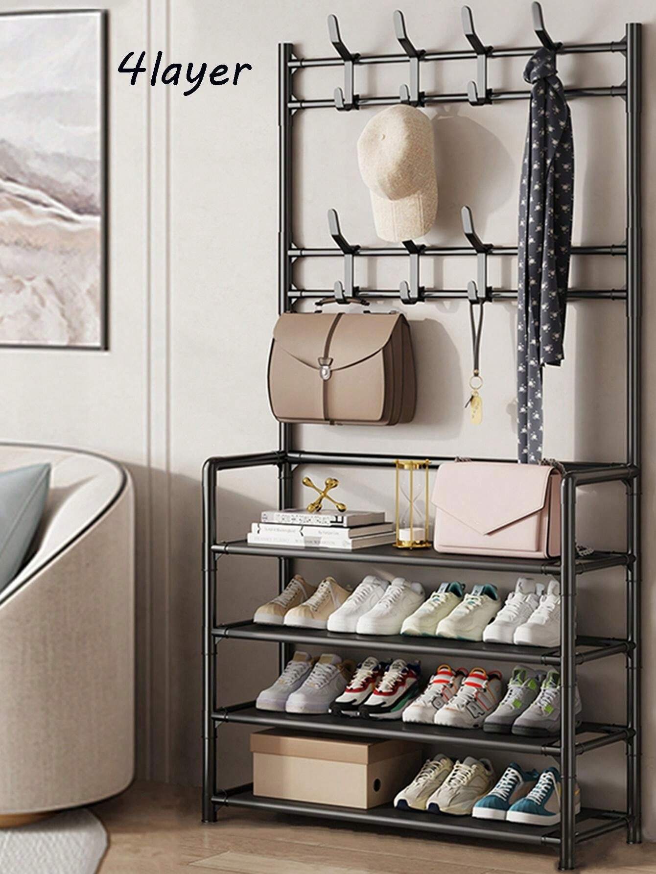 Coat Rack Shoe Rack Combo 1pc 4-Layers Black Strengthened Coat & Hat & Shoe Rack Combination With ...