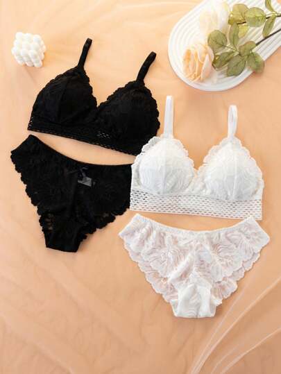 Set: Kanten Wireless Gather Push Up BH Slipje Underwear Set, Lingerie view 3