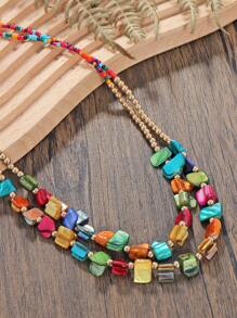 1pc Bohemian Double Layered Colorful Chip Shell & Beaded Necklace