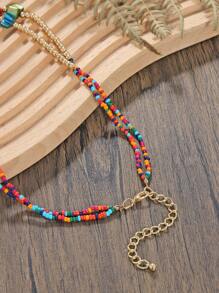 1pc Bohemian Double Layered Colorful Chip Shell & Beaded Necklace