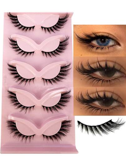 HBZGTLAD 5 对透视猫眼卡通 3D 透明自然纤长假睫毛，看起来逼真凌乱外眼角延长假睫毛