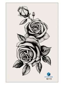 STARTTOOS 1 pieza Tatuaje temporal grande con diseño de flor de rosa negra y hojas para el pecho, la espalda o el brazo - Negro - Ver 4