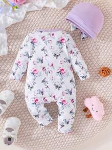 女婴长袖可爱印花纽扣连体衣+帽子 - 紫色 - 查看 2