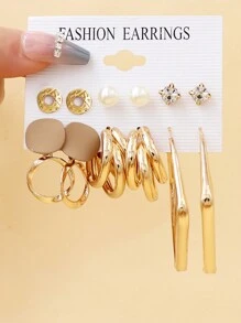 12pcs Fashionable And Simplified Faux Pearl & Rhinestone & Oil Drop Detail Geometric Metallic Earrings For Women's Holiday, Party And Daily Wear - One size fits all - View 8