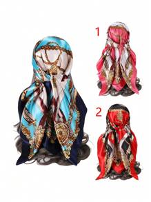 1入組女士90公分圖案人造絲方巾，適合夜間包裹、日常佩戴作為頸巾、頭巾、頭套、波西米亞風格頭巾、髮帶、頭箍，裝扮你的造型 - 藍色 - 查看 10