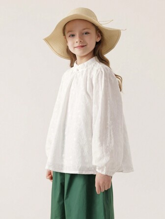 MARC&JANIE Ung flicka kinesisk stil blommig broderi ställkrage Cheongsam inspirerad långärmad skjorta med dekorativ knapp, vår