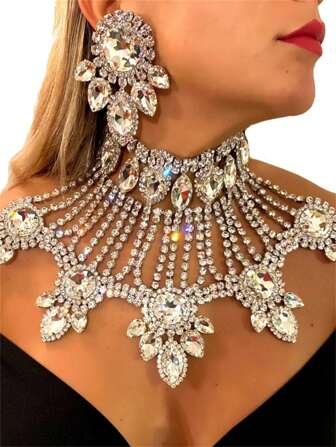 Exaggerated Luxury Rhinestone Necklace And Earrings Set, Fashionable Party Evening Dress Jewelry Accessories