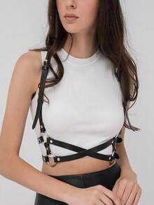 1條女士黑色時尚雙層交叉腰帶,配有pu皮革、肩帶和扣子,適合日常穿著和裝飾 - 黑色 - 查看 6