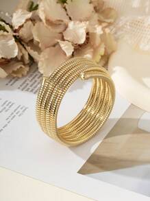 1 Stück Edelstahl Frühling Mehrschicht-Armband, elastischer runder Ringarmreif, einfache und modische Accessoires, geeignet für Frauen zum Tragen im Alltag, im Urlaub und auf Partys. - Gold - Übersicht 3