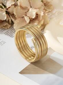 1 Stück Edelstahl Frühling Mehrschicht-Armband, elastischer runder Ringarmreif, einfache und modische Accessoires, geeignet für Frauen zum Tragen im Alltag, im Urlaub und auf Partys. - Gold - Übersicht 2