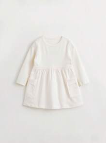 MARC&JANIE 春季青少女圓領長袖連衣裙，配有大口袋 - 白色 - 查看 4