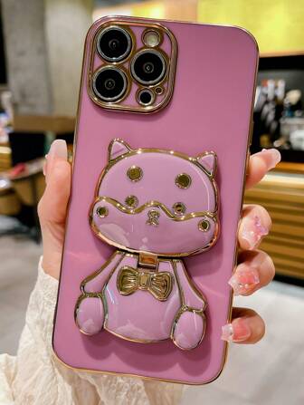 Cute Càrtoon Trucco Specchio Con Supporto & Alta Qualità Cover In Silicone Per Telefono In Colore Viola, Compatibile Con Cover Per Telefono Effetto Oro Per Donne, Adatto Per Iphone 11/12/13/14/15promax/samsung Galaxy A13/a23/s21/s21+/s22/s22u/s23/s23+/s21/s23u