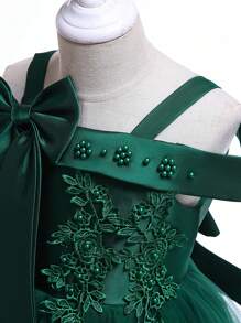 Váy lưới nơ hoa không tay thanh lịch cho bé gái, thích hợp cho tiệc sinh nhật, không bao gồm băng đô - Màu xanh lá cây đậm - Xem 7
