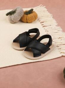 1雙男童純色pu魔術貼扣扁平涼鞋,適合春夏季節