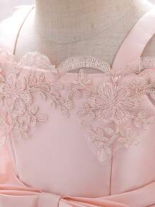 Elegant Satin Lace Waist Bow Decor Dress For Young Girls, Suitable For Birthday Party, Does Not Include Headband