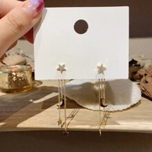 1 对精致优雅星星月亮流行长流苏耳环耳线吊坠女 - 金黃色 - 查看 3