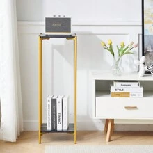 Tall Table With 2 Tiers, Square End Table Sofa Side Table, 90cm Plant Stand Indoor Plant Holder, With Marble Texture - Black - View 4