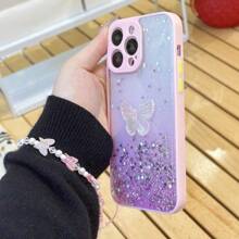 1入組滴膠星空閃粉DIY手機殼適用於蘋果/安卓手機，附蝴蝶裝飾和手帶 - 粉色 - 查看 5