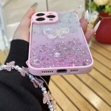 1入組滴膠星空閃粉DIY手機殼適用於蘋果/安卓手機，附蝴蝶裝飾和手帶 - 粉色 - 查看 2