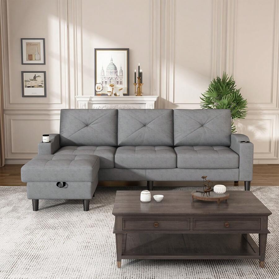 SeekFancy Convertible Sectional Sofa Couch, Convertible L Shaped Couch With Reversible Chaise, Sectional Couch For Small Space Apartment, 3 Seat - 灰色 - 查看 1