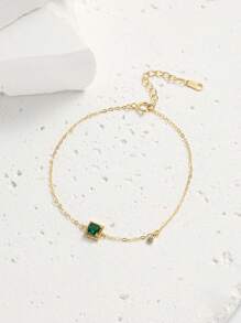 1pc S925 Sterling Silver Gold Plated Square Shaped Green Cubic Zirconia Bracelet For Women - Fashionable, Luxurious, And Versatile Gift For Women