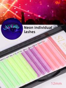 Mixed Color Rainbow UV Neon Lash Extensions 0.07 D Curl 12mm Must Under UV Light Can Glow In The Dark Neon Pink Purple Yellow Green Purple Fluorescent Colored Individual Eyelash Extension Trays For Party ,St Patricks Day