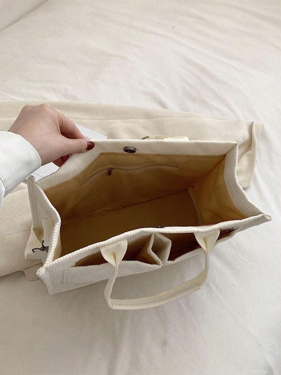 Corduroy Shoulder Tote Bag With Large Capacity And Foldable Design - White - View 1