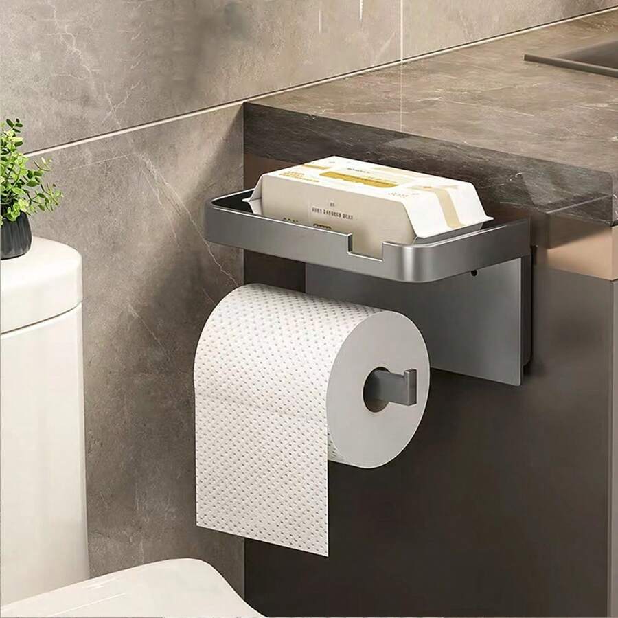 1 pieza Soporte simple de caja de pañuelos de plástico, sujetador de doble capa para rollo de papel higiénico, organizador de baño - Negro - Ver 1