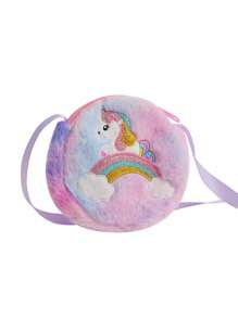 1 件时尚可爱独角兽图案毛绒单肩包，适合女孩，配有肩带和斜挎带，适合日常使用 - 紫色 - 查看 2