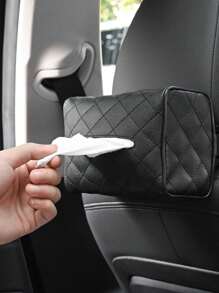 1個多色壓花鑽石圖案車用紙巾盒創意掛式pu皮紙巾架多功能車內裝飾 - 黑色 - 查看 2