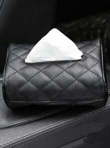 1個多色壓花鑽石圖案車用紙巾盒創意掛式pu皮紙巾架多功能車內裝飾 - 黑色 - 查看 4