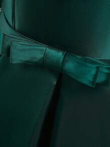 优雅缎面蕾丝腰部蝴蝶结装饰连衣裙，适合年轻女孩，可用于生日派对，不含头饰 - 墨綠色 - 查看 6