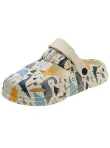 1 双女童卡通印花防滑平底一脚蹬凉鞋，适合夏季 - 卡其色 - 查看 3