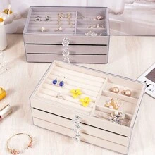 1pc 3-Tiered Jewelry Storage Box, Acrylic Velvet Lined Drawer Jewelry Case, Ring, Necklace, Earrings Display Container Holder, Dustproof - 1 - View 1