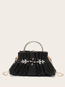 PU 折叠水钻装饰夹式手提包，女士包包，优雅、奢华