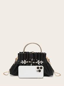 PU 折叠水钻装饰夹式手提包，女士包包，优雅、奢华