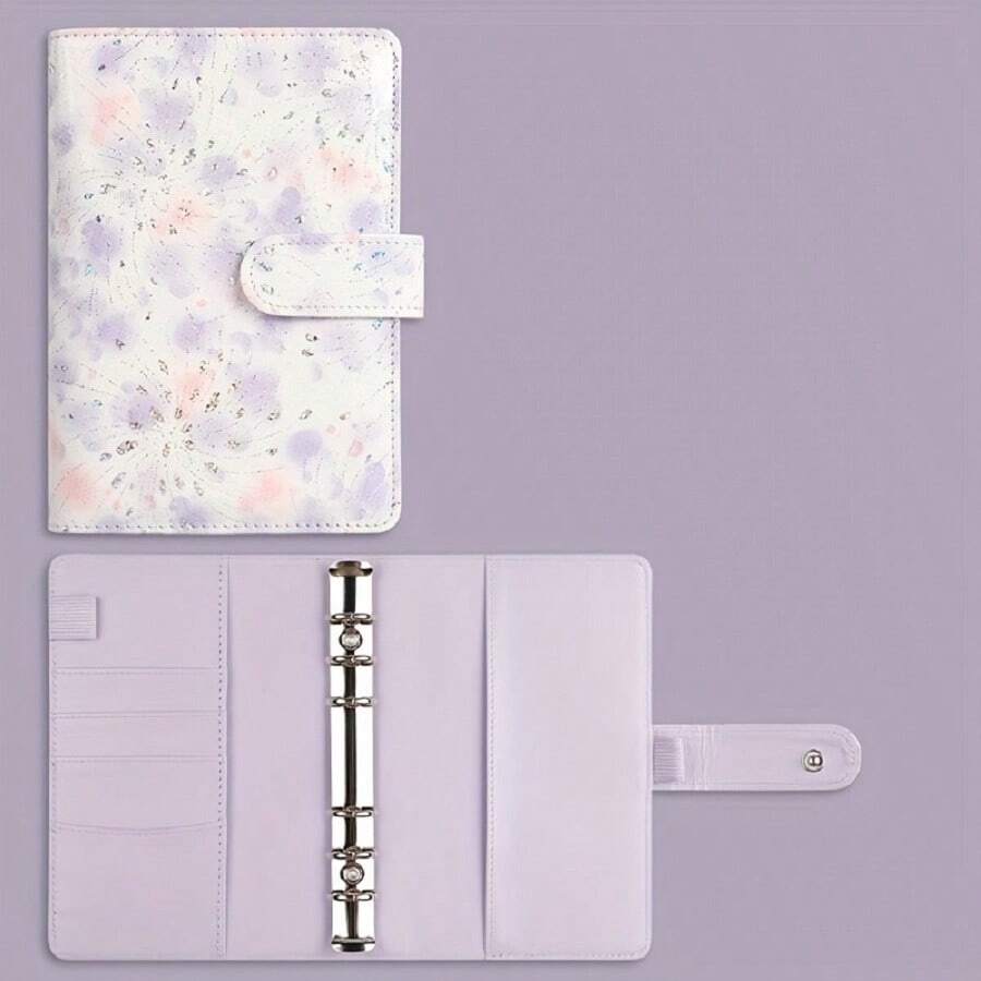 1pc Ditsy Floral Pattern Pu Leather 6-Ring Binder Cash Organizer (Single Shell) - Baby Blue - View 1