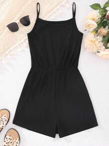 Teen Girls' Solid Color Textured Casual Romper With Spaghetti Straps - Black - View 1