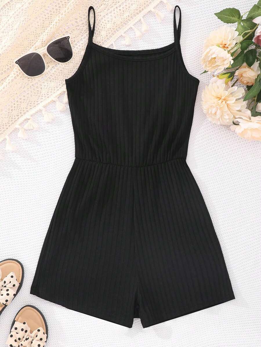 Teen Girls' Solid Color Textured Casual Romper With Spaghetti Straps - Black - View 1