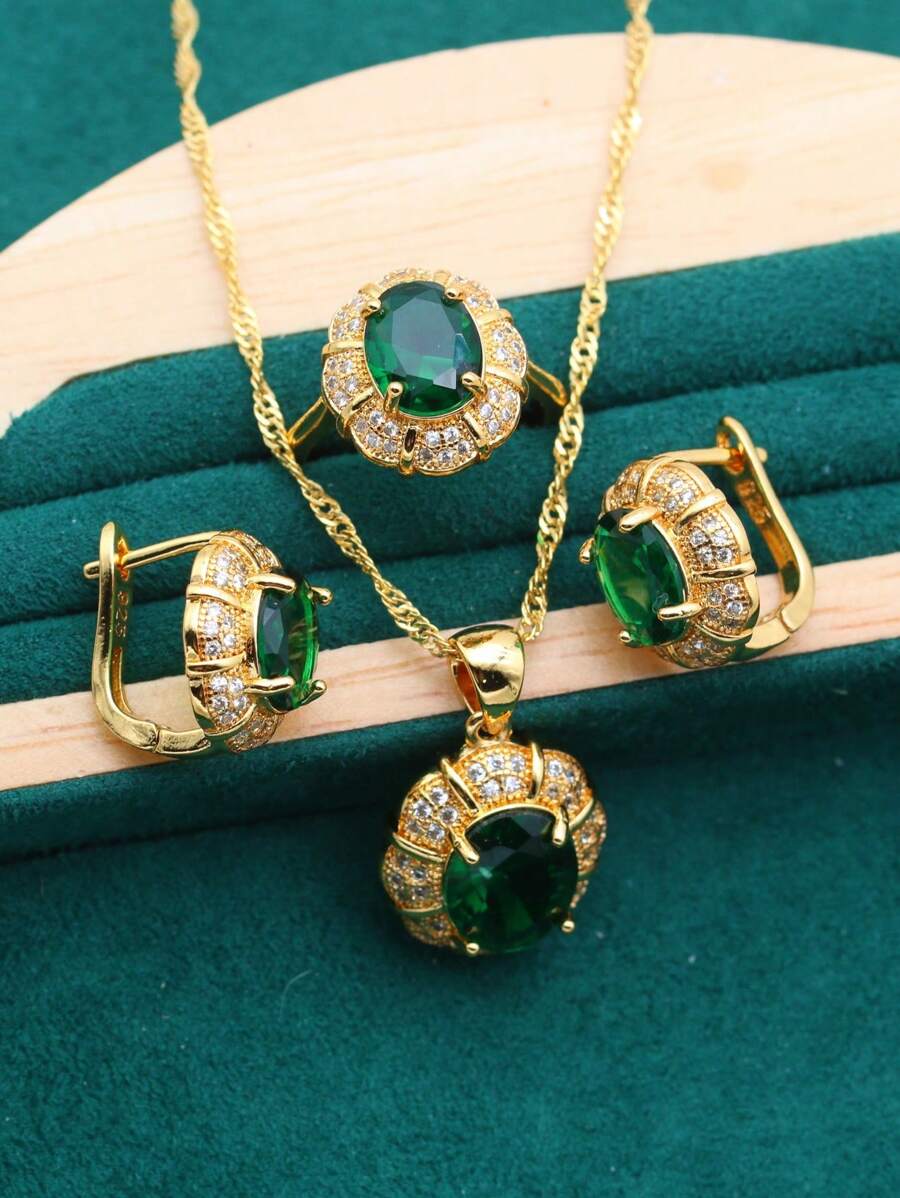 3pcs/Set Inlaid Earrings, Ring And Pendant Necklace Set - Green - View 1